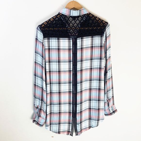 Express Womens Plaid Crochet Button Front Up Shirt XS Split Back Long Sleeve Top - Picture 4 of 5
